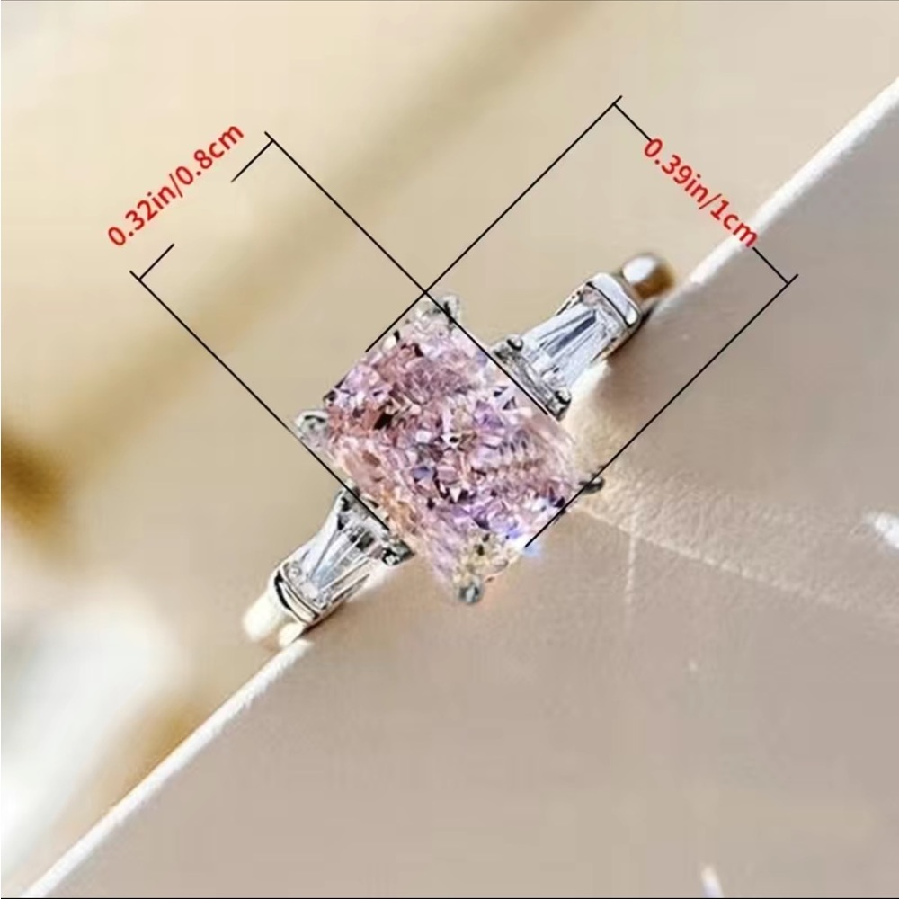 Pink Rectangular Center Stone with Rhinestone Baguettes - Picture 3 of 8